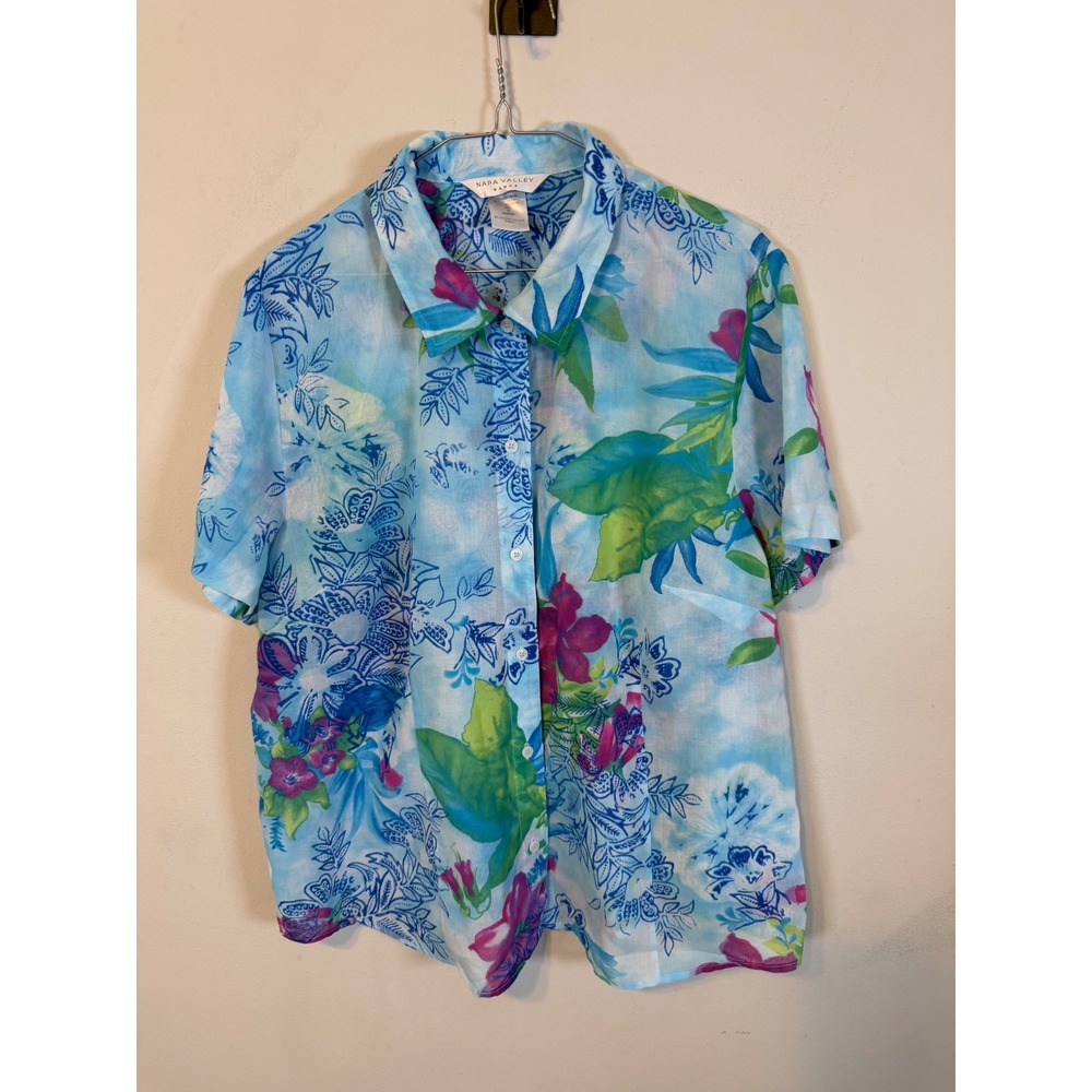 Napa Valley Woman Women Button Up Tropical Floral Print Blue Size 1X